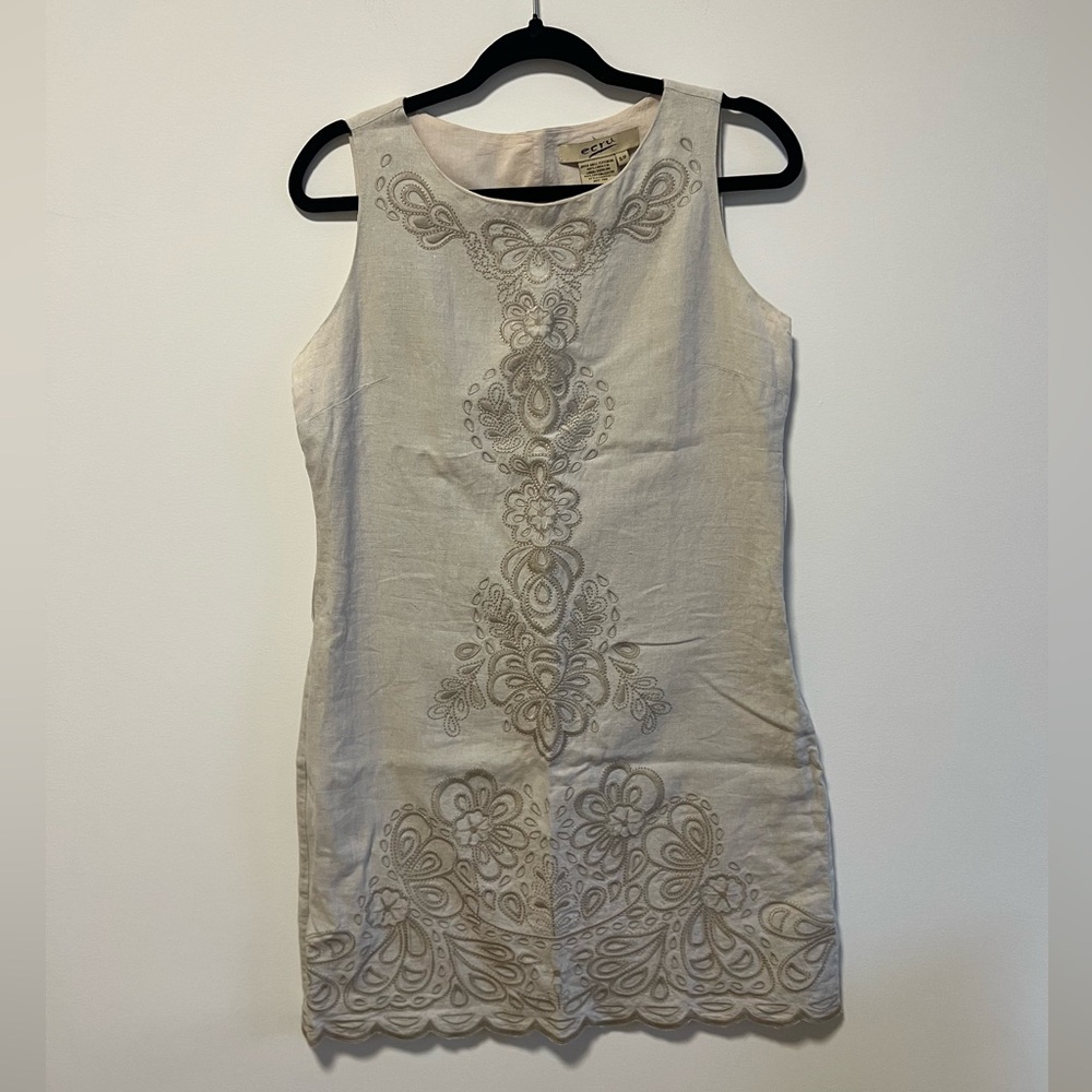 Embroidered 100% linen Dress in Cream
